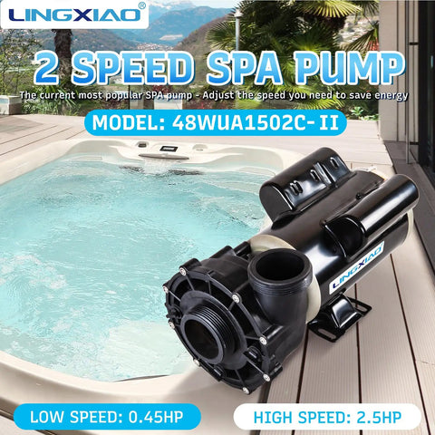Heavy Duty 2.5Hp Hot Tub Spa Pump With 2 Speed Motor And 2Inch Port For 230V Systems, shown beside a spa.