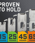 Various sizes of Heavy Duty Drywall Picture Hanger That Holds Up To 65 Pounds, Installs In Seconds With A Quick Push shown on weight chart