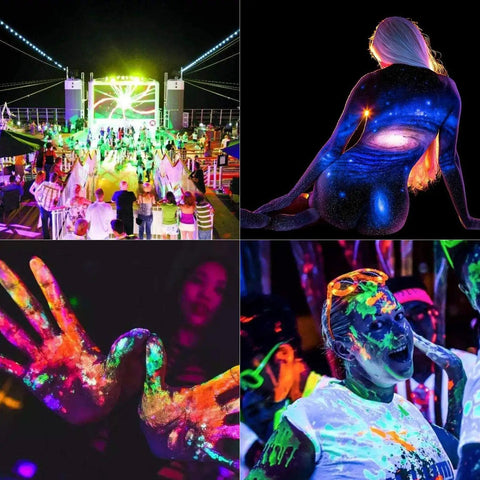 Collage of a 100W UV Black Light Flood Light With 6Ft Plug Cable Bright Purple Glow illuminating blacklight party and body painting