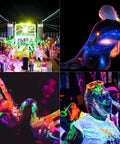 Vibrant scene of body paint and neon lights using 200W LED Black Purple Flood Light With 6ft Cable And Plug For Blacklight Parties.