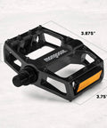 Mountain Bike Pedals Set Of 2 Lightweight Alloy Replacement Pedals With Reflectors In Black Durable Build Fits One Half Inch Or Nine Sixteenths Cranks Easy Install Ride Ready For Trails And Street Cruisin; Black alloy bike pedal with measurements and reflectors