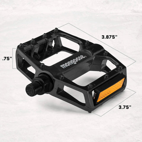 Mountain Bike Pedals Set Of 2 Lightweight Alloy Replacement Pedals With Reflectors In Black Durable Build Fits One Half Inch Or Nine Sixteenths Cranks Easy Install Ride Ready For Trails And Street Cruisin; Black alloy bike pedal with measurements and reflectors