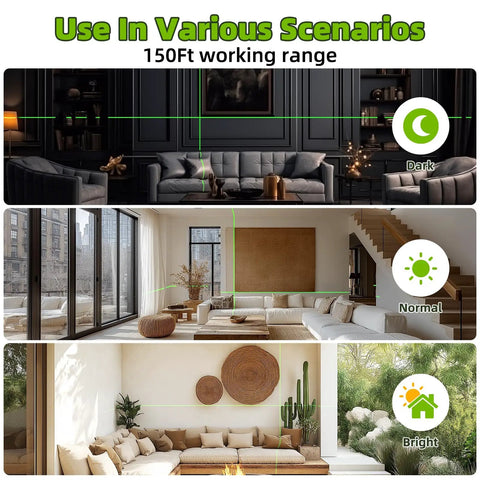 Green Cross Line Laser Level With 26 Inch Tripod, Self Leveling 150 Degree Beam, 150 Ft Indoor Range And 197 Ft Outdoor Pulse Mode, Worksite Ready For Pics, Picture Hanging, Tile, DIY And Construction Projects shown in dark, normal, and bright rooms
