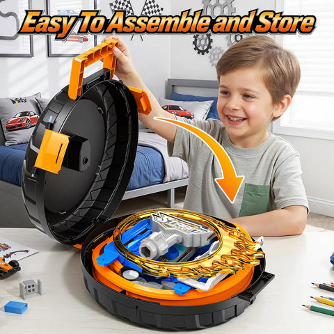 Child assembling Rad Epic 360 Degree Loop Race Car Track Set With Fire Ring Stunt Includes Four One To Sixty Four Scale Cars