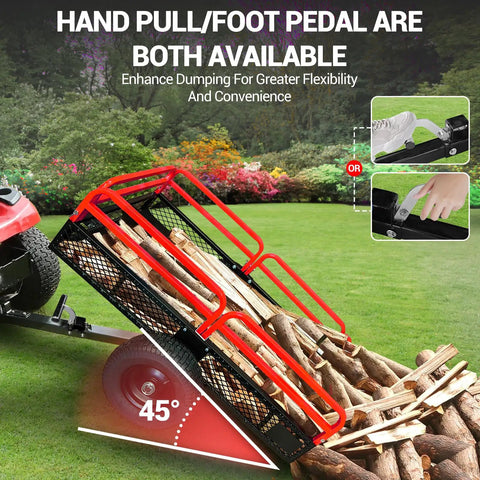 Heavy Duty 1600 Lb Steel Dump Cart And Utility Trailer With 15 Cu Ft Steel Cargo Box tipping firewood from lawn mower