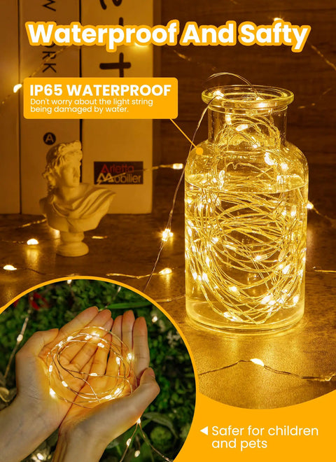Twinkle Lights With Remote Control 8 Modes And Timer 66 Feet Of 200 LED USB Powered Copper String Lights Waterproof in a jar