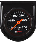 Front view of Bosch 2-inch Style Line mechanical water/oil temperature gauge with black dial and orange needle