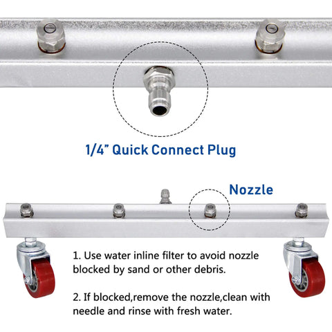 Close-up of Grime Busting 16 Inch Pressure Washer Undercarriage Cleaner with Quick Connect Plug and nozzles, on red wheels.