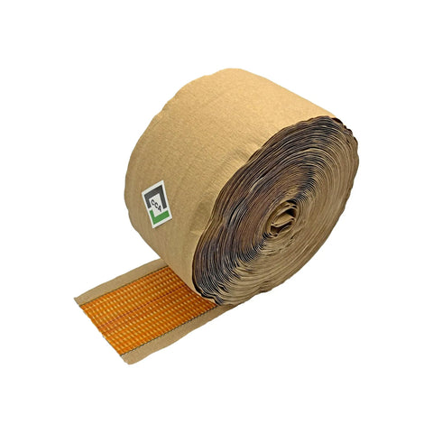 Roll of Red Stitch Carpet Joining Tape with crepe-back, 4 inch wide by 66 feet, 11 beads adhesive, heat bond seaming, for carpets.