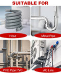 Four images showing 2 Inch By 20 Foot Foam Pipe Insulation Tape Self Adhesive For Winter Freeze Protection on hose, metal pipe, PVC, AC.