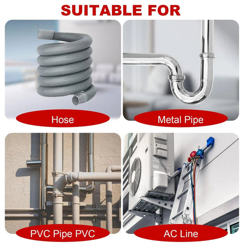 Four images showing 2 Inch By 20 Foot Foam Pipe Insulation Tape Self Adhesive For Winter Freeze Protection on hose, metal pipe, PVC, AC.