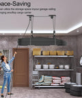 Ceiling Storage Hoist For Rooftop Carriers And Gear Heavy Duty Garage Pulley Lift System Holds Up To 150 Lbs in use