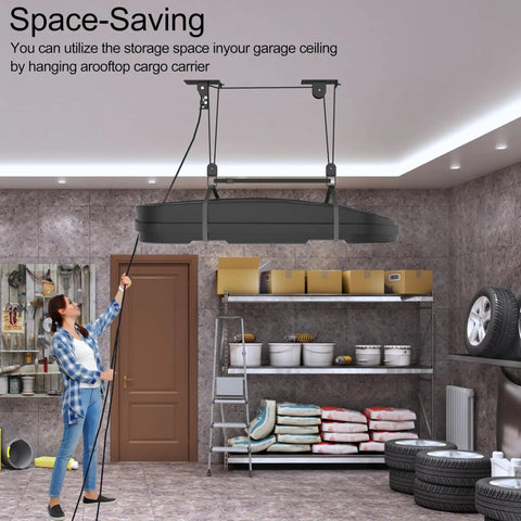 Ceiling Storage Hoist For Rooftop Carriers And Gear Heavy Duty Garage Pulley Lift System Holds Up To 150 Lbs in use
