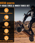 Person riding dirt scooter with 200x50 8x2 Dirt Scooter Knobby Tire And Inner Tube Set for off-road use, rocky terrain in background.