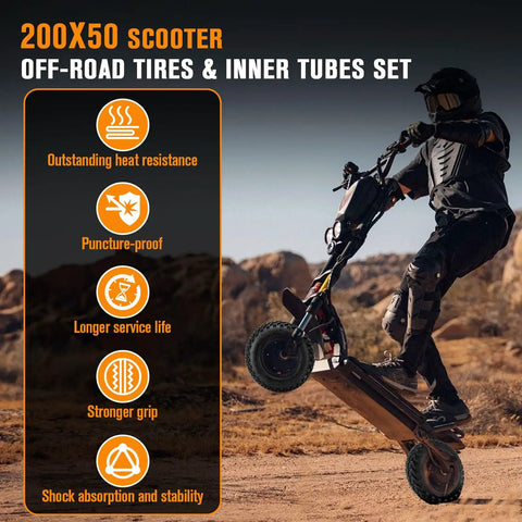 Person riding dirt scooter with 200x50 8x2 Dirt Scooter Knobby Tire And Inner Tube Set for off-road use, rocky terrain in background.