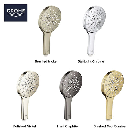 Five handheld shower heads in different finishes, including Brushed Nickel from the Three-Setting Handheld Rain Shower Head With Rain Jet And ActiveMassage Modes Brushed Nickel Infinity Finish Slim Modern Design Easy Toggle Spray Control With DripStop.