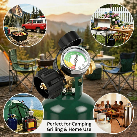 Propane Tank Gauge With QCC1 Type 1 Connection Solid Brass Weatherproof Gas Pressure Meter in outdoor camping scene