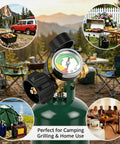 Propane Tank Gauge With Pressure Meter For 5-40 Lb Cylinders Universal QCC1 Type 1 Connection in camping and grilling scenes