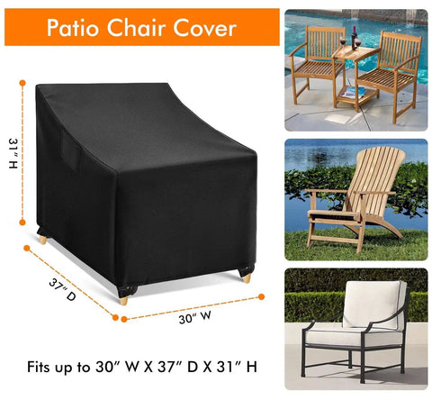 Waterproof Outdoor Chair Covers 2 Pack on black patio chair, showing fit for 30W x 37D x 31H with additional furniture photos.