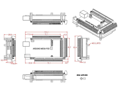 Ultra Tiny GPIO Terminal Block Breakout Board For Arduino Mega 2560, 2.54mm Pitch, 0.1 Inch, Supports 28 AWG To 18 AWG Wire, Screw Terminal, Pre-Soldered Assembly, FR-4 Dual Copper PCB, Easy Prototyping For Makers And Hobbyists, dimension drawing