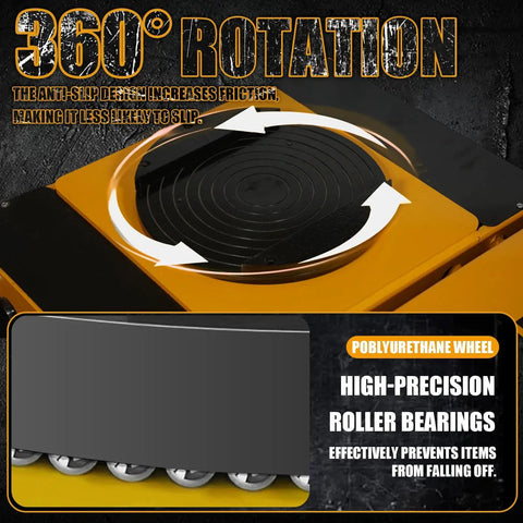 Heavy Duty Electric Skates For Industrial Machine Moving With Dual Straight Aux Wheels, 360° Multi-Ton Cargo Roller Setup showing anti-slip design and polyurethane wheel.