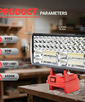 Cordless LED Work Light For M18 Battery, 9000 Lumens Flood Light With Dual USB Charging, shown on a workbench in a workshop.