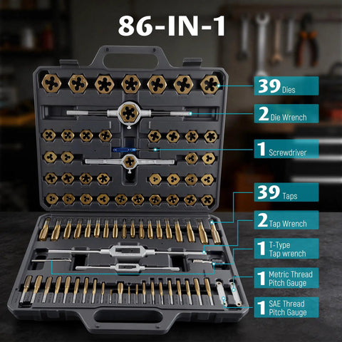 86pc Tap And Die Set For Threading SAE And Metric Sizes M3 To M16 Pro Grade Tool Kit With 39 Taps And 39 Dies in storage case
