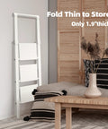 Aluminum 3 Step Foldable Ladder With U Shaped Handgrip Lightweight Home Utility Stool, folded 1.9 inch thick in room