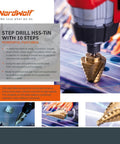 Titanium Nitride Coated HSS Step Drill Bit With One Quarter Inch Hex Shank Ten Imperial Step Sizes From One Quarter Inch To One And Three Eighths Inch Spiral Groove Double Flute 135 Degree Split Point For Sheet Metal Aluminum PVC Copper Acrylic NordWolf installed in drill