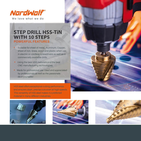 Titanium Nitride Coated HSS Step Drill Bit With One Quarter Inch Hex Shank Ten Imperial Step Sizes From One Quarter Inch To One And Three Eighths Inch Spiral Groove Double Flute 135 Degree Split Point For Sheet Metal Aluminum PVC Copper Acrylic NordWolf installed in drill
