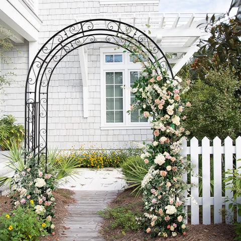 Garden Arbor Arch For Weddings And Parties A Dope Durable Steel Trellis Archway in a garden with climbing flowers and white fence