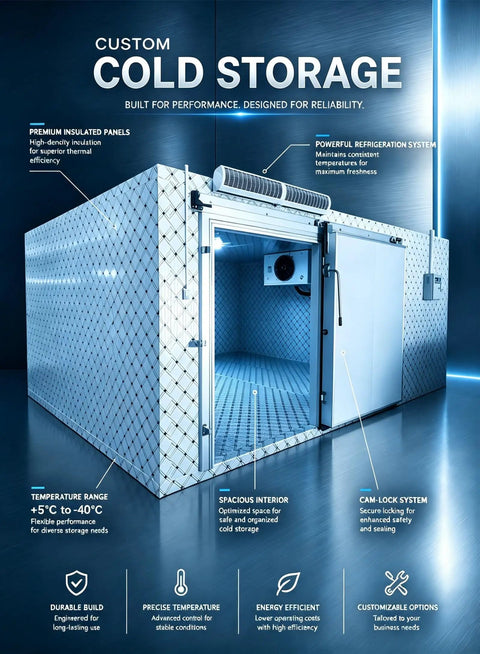 Shop Grade Modular Walk In Cooler And Freezer Combo For Restaurant Food Storage Quick Snap Together Insulated Cold Room Kit with large door and cooling unit.
