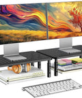 Dual Monitor Desk Stand With Height Adjustable Riser Laptop And Monitor Stand For Two Screens 14.5 By 9.1 Platform Under Desk Storage Black Two Pack Ergonomic Setup with monitors displayed