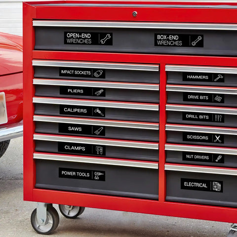 Slick Black Toolbox Organization Labels For Tool Chests And Drawers With Heavy Duty Self Adhesive Sticker Sheets Making Your Shop Hella Organized And Super Quick To Assemble Every Single Weekend Project