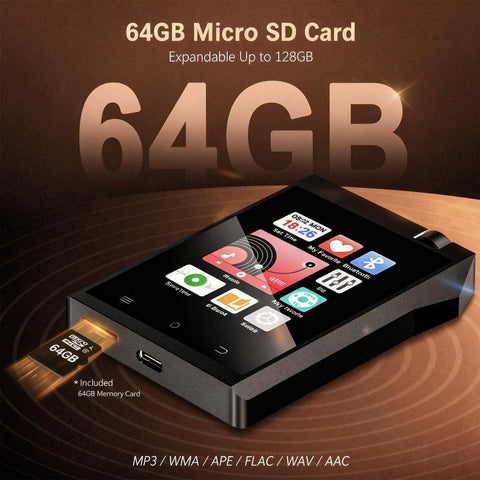 64GB Bluetooth MP3 Player With 2.8 Inch Touch Screen HiFi Music Player showing micro SD card slot for expandable memory