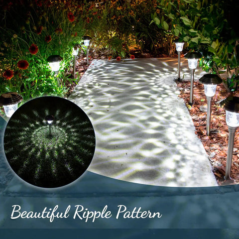 LED Solar Powered Outdoor Landscape Path Lights With Stainless Steel And Glass Lens lining a garden walkway at night