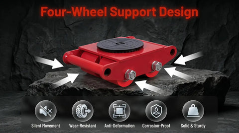 4 Piece Heavy Duty Machinery Skates Set With 8 Ton Total Load Capacity, Each Unit Handles Up To 2 Tons, Built For Smooth Cargo Moving And Industrial Equipment Handling. Red steel four-wheel support skate