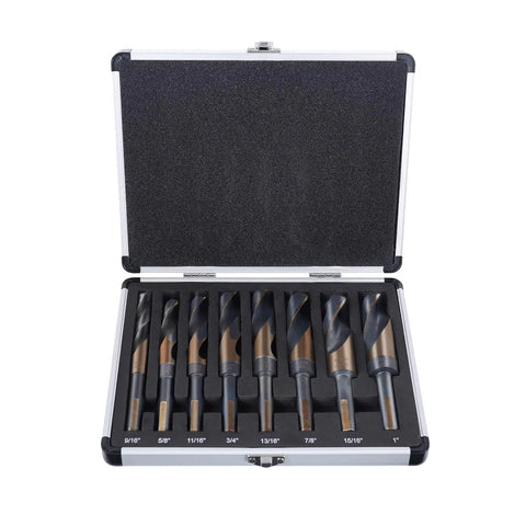 Reduced Shank Drill Bits Set, 8 Pc Deming Large HSS Cobalt M2 Bits in Aluminum Index Case, shown open with visible bit sizes.