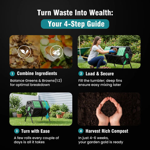 Guideline for using Dual Chamber 37 Gallon Compost Bin With 360 Degree Rotating Tumbler For Outdoors, steps shown with images.