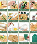 Toy 20-piece kids kitchen set collage featuring safe knives, cutters, peeler, rolling pin, whisk and apron