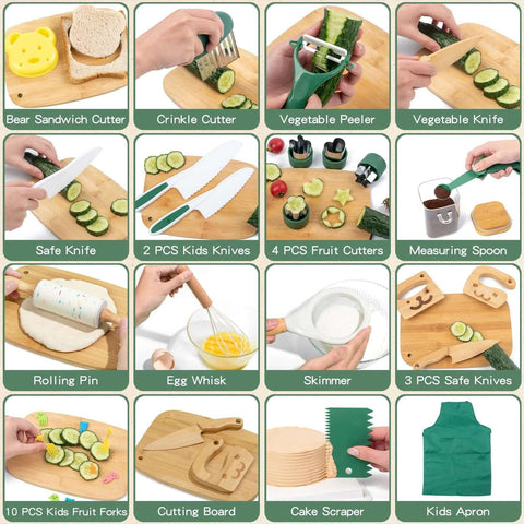 Toy 20-piece kids kitchen set collage featuring safe knives, cutters, peeler, rolling pin, whisk and apron