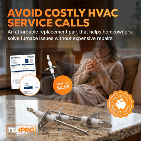 Upgraded 0130F00010 Furnace Flame Sensor Replacement with marketing text, a homeowner, invoice, and two flame sensors