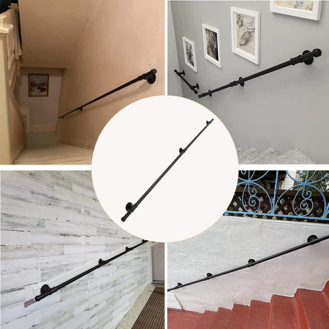 Indoor 3Ft Metal Stair Handrail Two Section Grab Rail For Disabled Elderly, Wall Mount, Galvanized Pipe, Moisture Resistant Black Finish