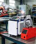 Portable Handheld Welder Machine Featuring Slick Digital Control Panel in use on metal, displaying sparks and design.