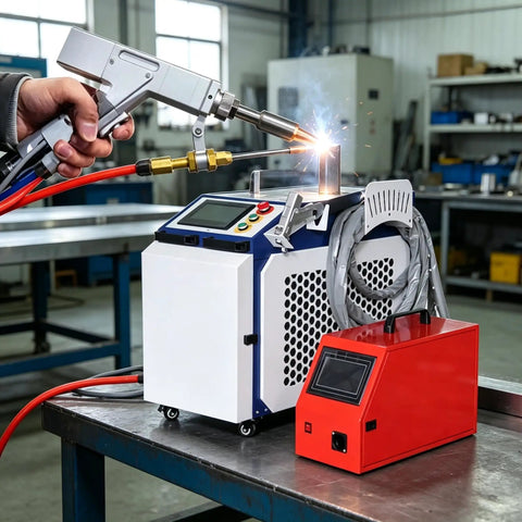 Portable Handheld Welder Machine Featuring Slick Digital Control Panel in use on metal, displaying sparks and design.