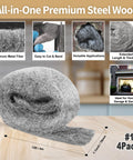 Four Pack Steel Wool For Mice Control 3.1 Inch By 13 Foot Coarse Grade displayed with uses and features for home and garage.