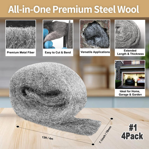 Four Pack Steel Wool For Mice Control 3.1 Inch By 13 Foot Coarse Grade displayed with uses and features for home and garage.