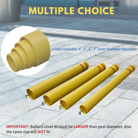 Multiple sizes of Built Like A Tank Heavy Duty Bollard Covers for Indoor Outdoor Use, showing 4, 5, 6, 7-inch yellow sleeves.
