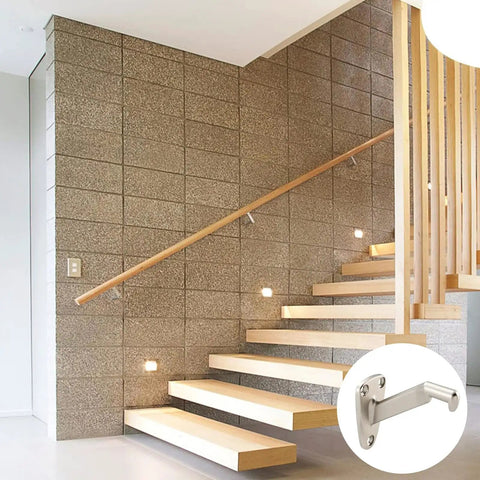 Beefy Heavy Duty Handrail Brackets For Stairs Six Pack With Zinc Alloy Construction And Satin Nickel Finish Waterproof And Rust Resistant Staircase Support For Home Or Office installed on modern staircase.