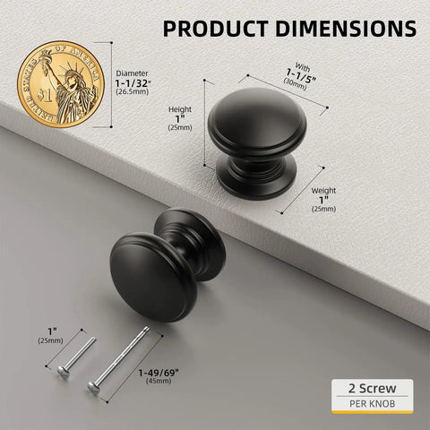 Bulk 25 Pack Black Cabinet Knobs Round Drawer Pulls Zinc Alloy Hardware For Dresser And Cabinets One And One Fifth Inch Diameter